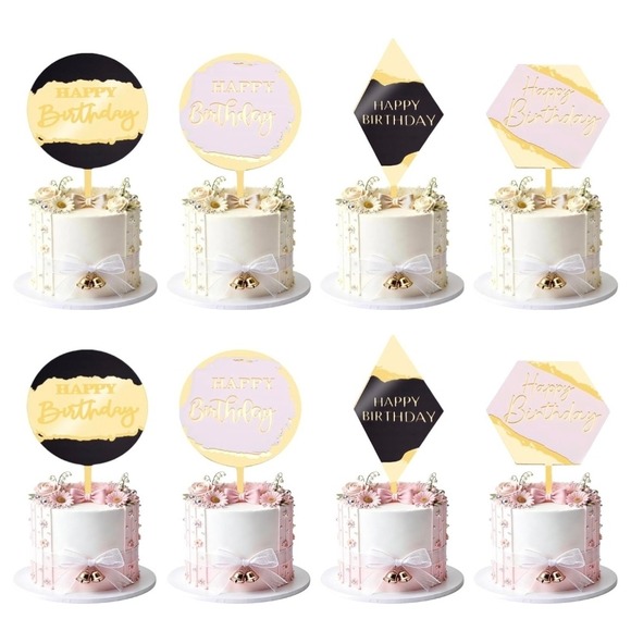 Other - Cake Topper 8pc Birthday Unisex Gold Black Pink Modern Acrylic Set